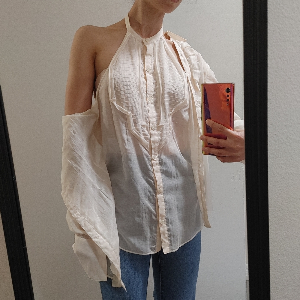 CELINE Ethereal White Silk Blend Long Sleeve Blouse